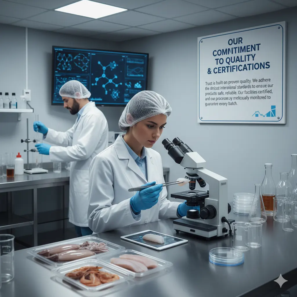 Scientist inspecting product quality in a lab, ensuring standards for seafood additives